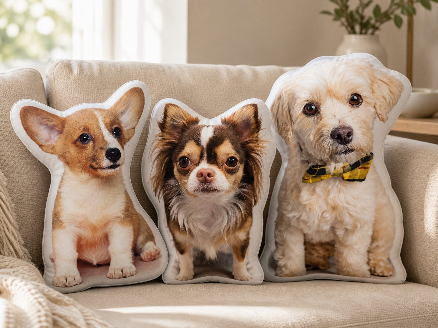 Three custom dog pillows printed from three real photographs