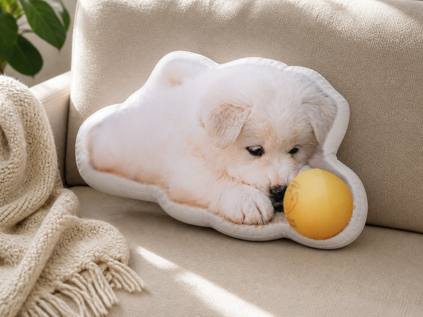 Custom pillow made from a casual photo of a white puppy with a ball
