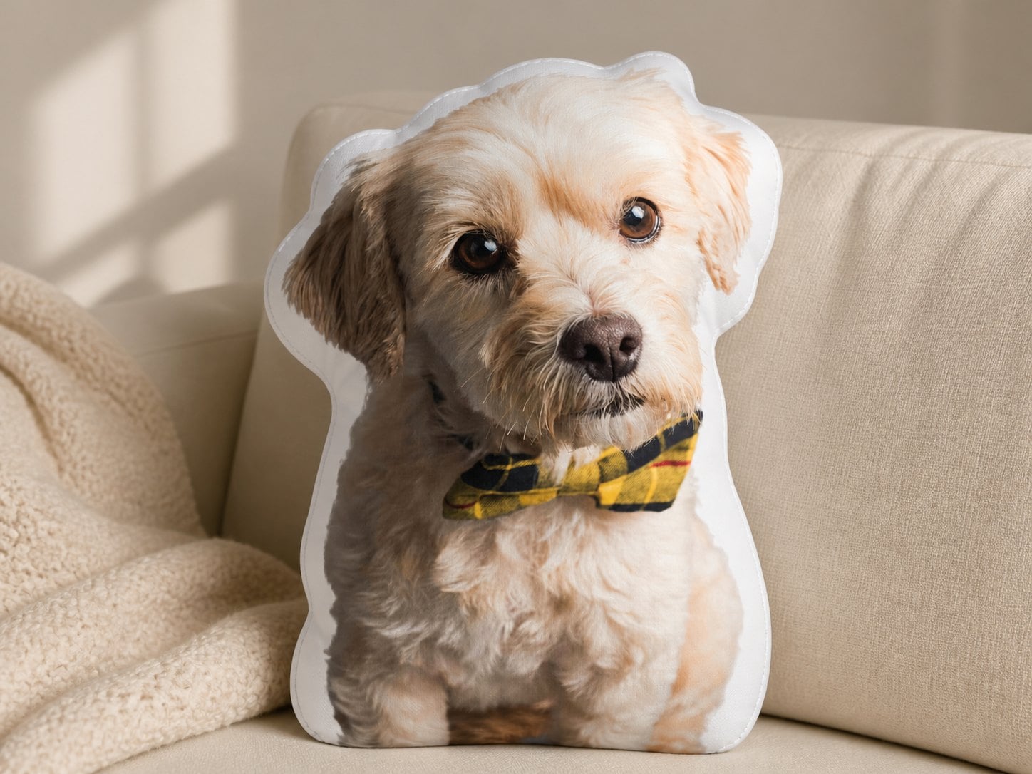 Real dog photograph printed on a soft custom pillow with a white sewn edge