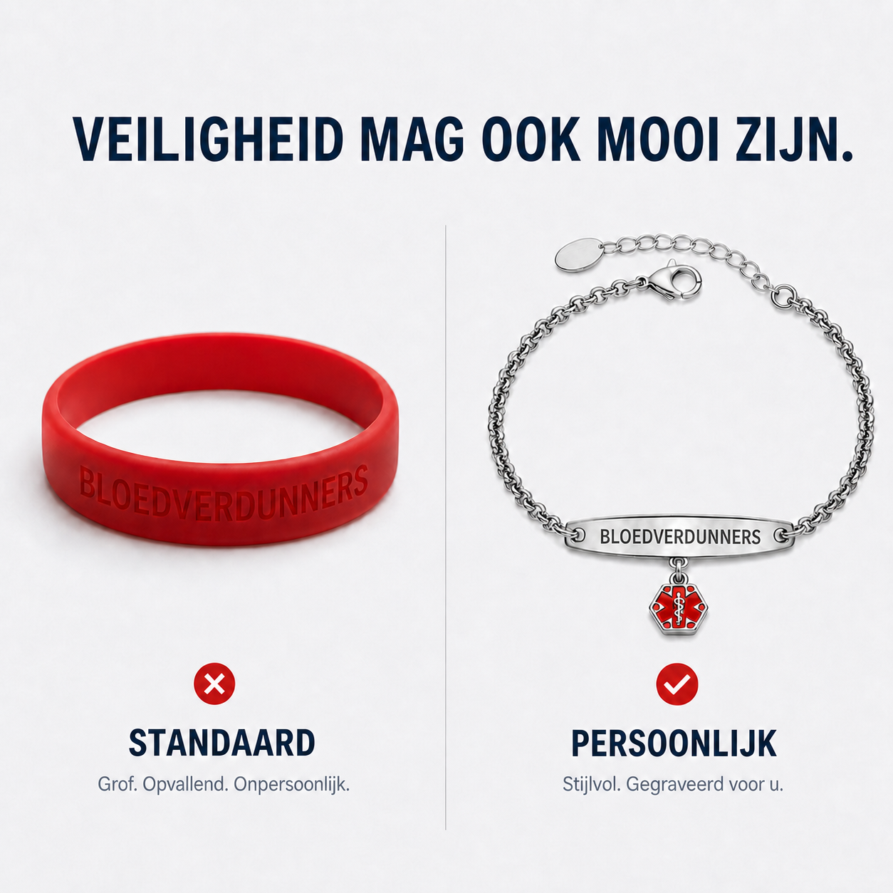 Vergelijking tussen een standaard rubberen medische band en een persoonlijke metalen armband