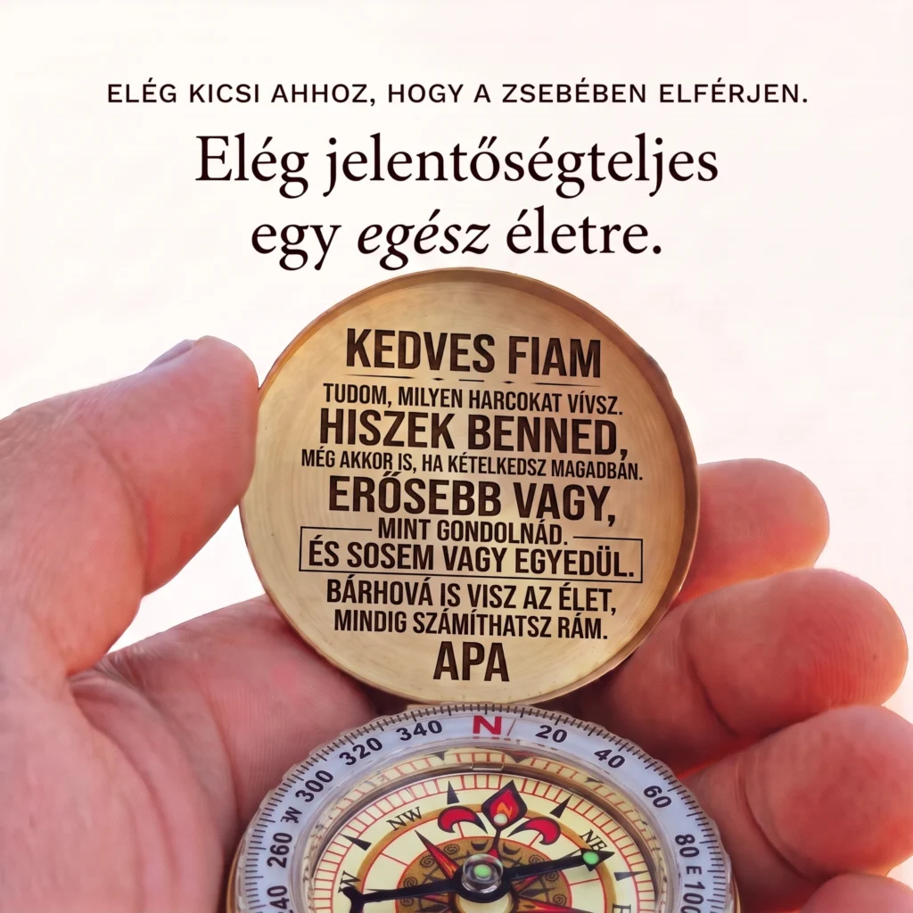 Iránytű fiúnak, kézben tartva, apai üzenettel
