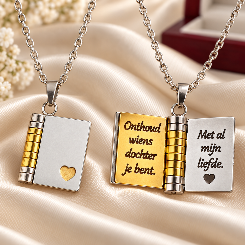 Closed book necklace beside the open engraved final pages