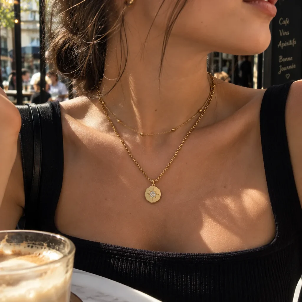 Mujer llevando el set de dos collares North Star en una cafetería