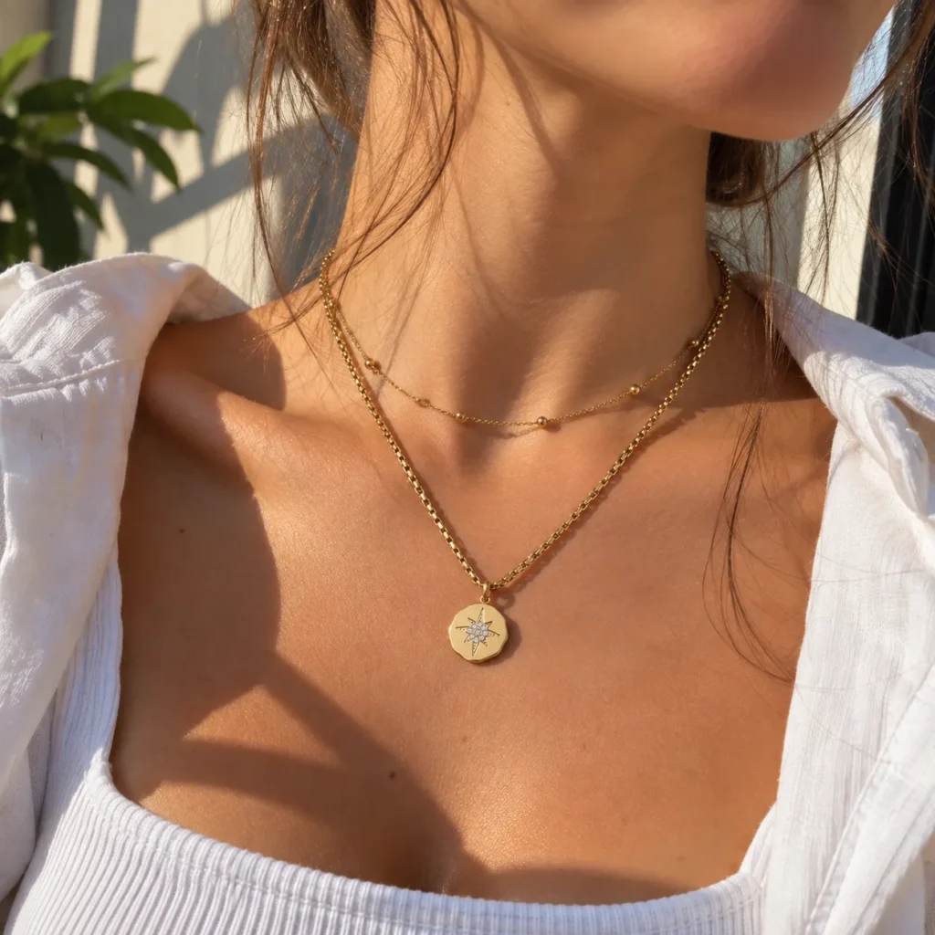 Dos collares dorados North Star sobre una mujer con camisa blanca