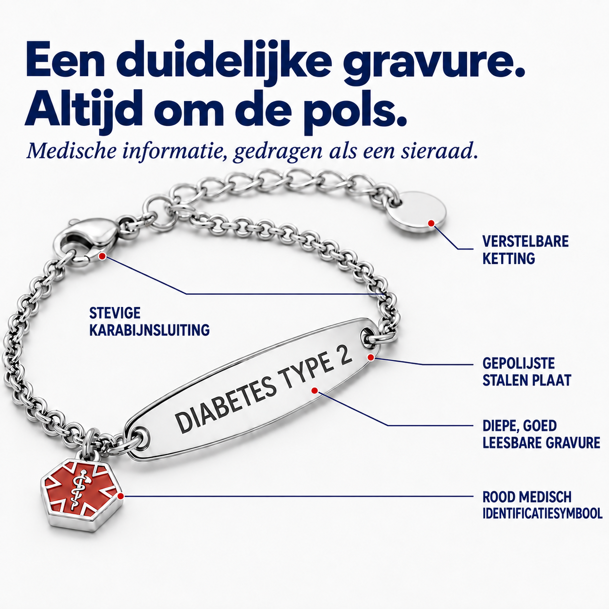 Medische ID-armband met voorbeeldgravure DIABETES TYPE 2