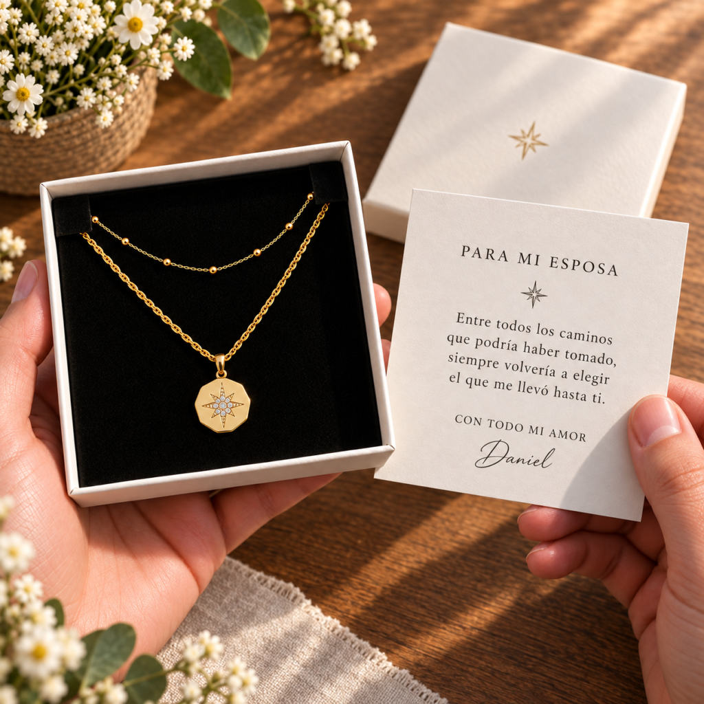 Set de dos collares North Star con tarjeta personalizada para esposa