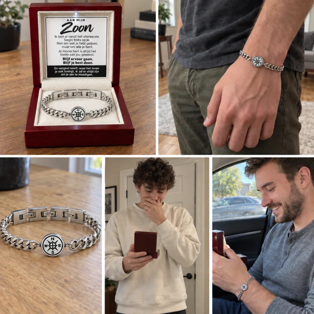 Collage van de Slim Cuban kompasarmband in een houten cadeaudoos, om een pols en als cadeau voor een zoon.