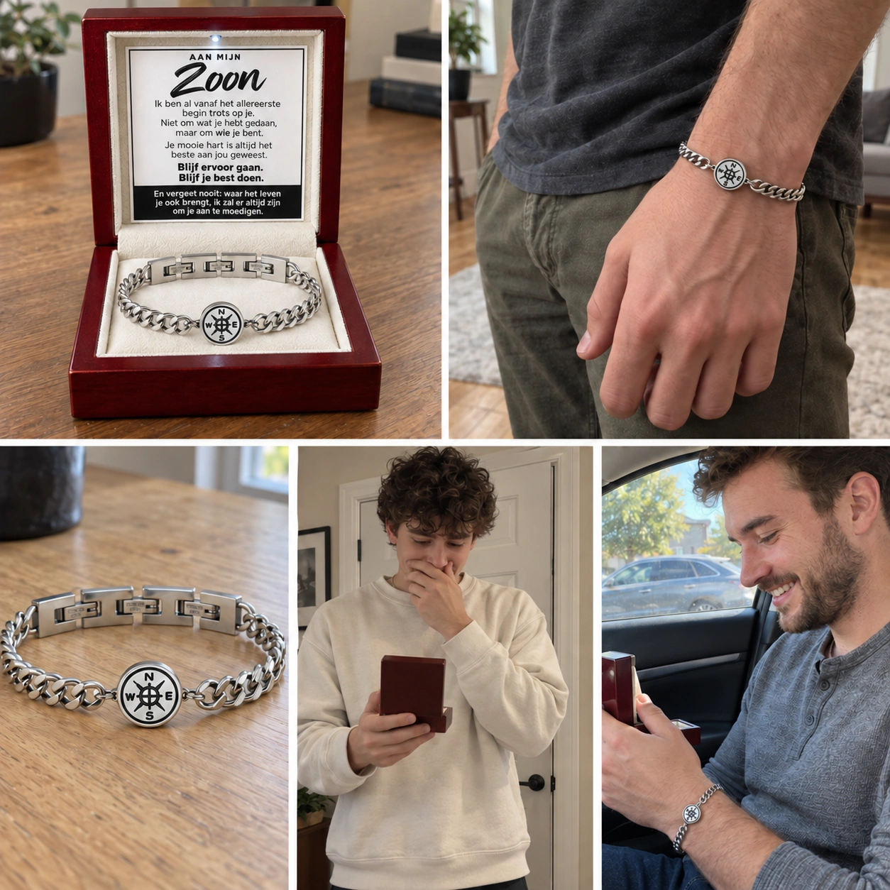 Collage van de Slim Cuban kompasarmband in een houten cadeaudoos, om een pols en als cadeau voor een zoon.