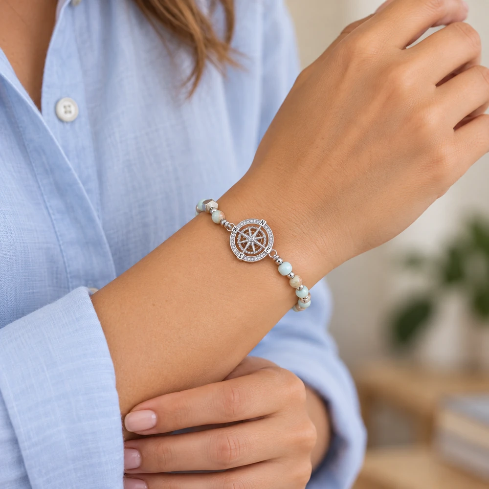 wrist light blue shirt — daughter beaded compass bracelet