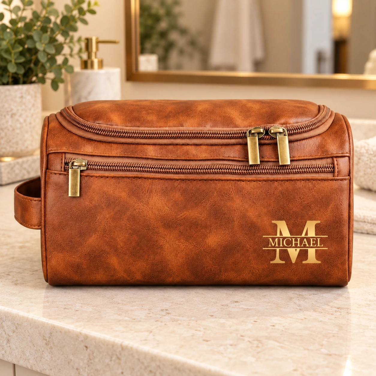 Cognac monogram toiletry bag with MICHAEL on a bathroom counter