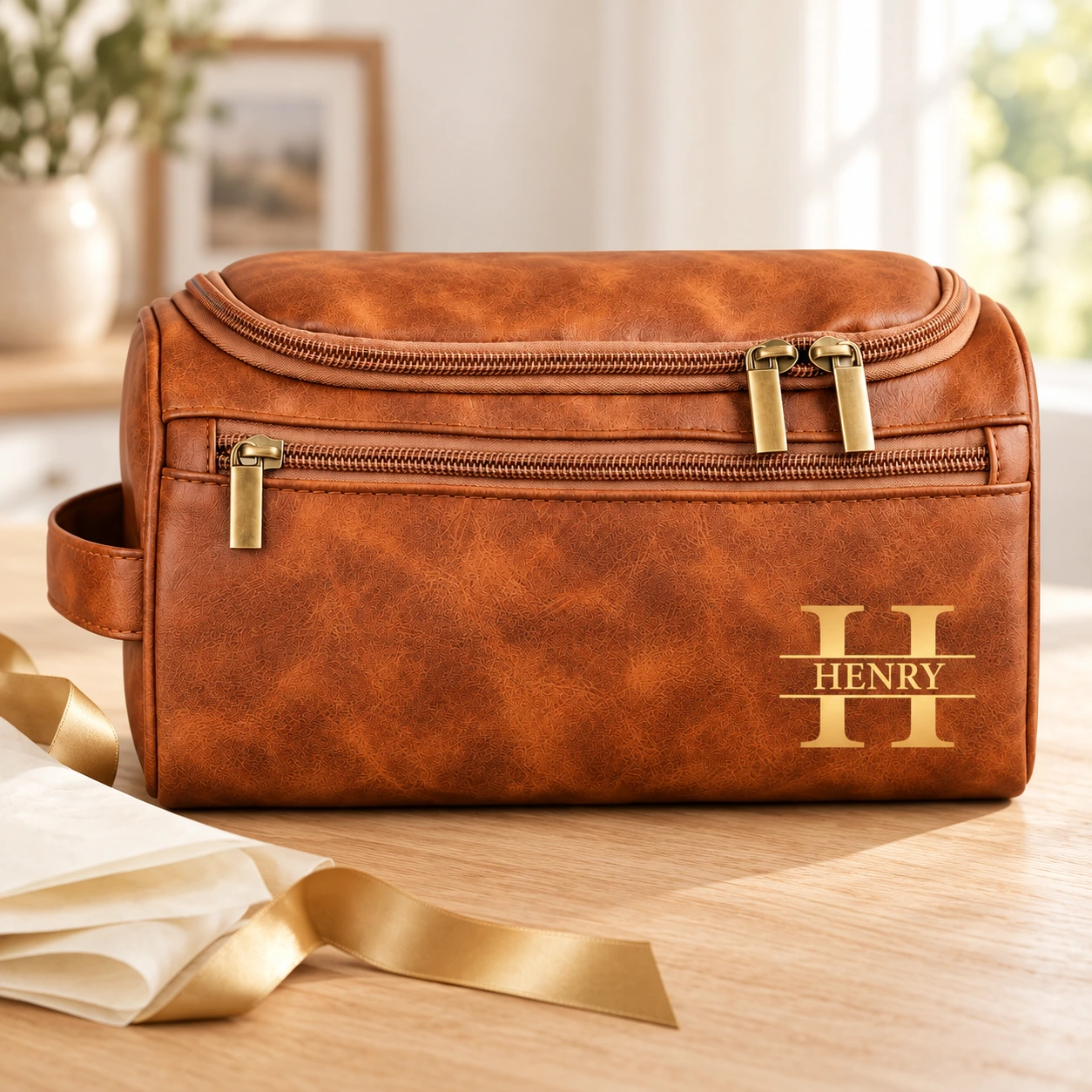 Cognac monogram toiletry bag with HENRY in a gift scene