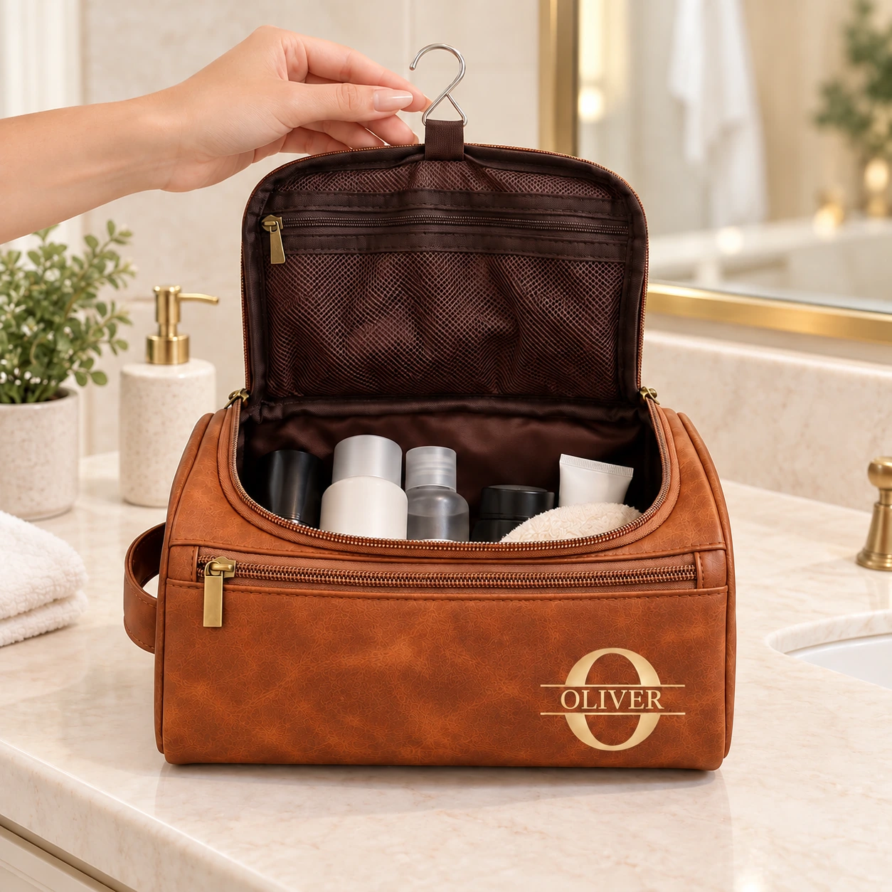 Open toiletry bag with toiletries inside