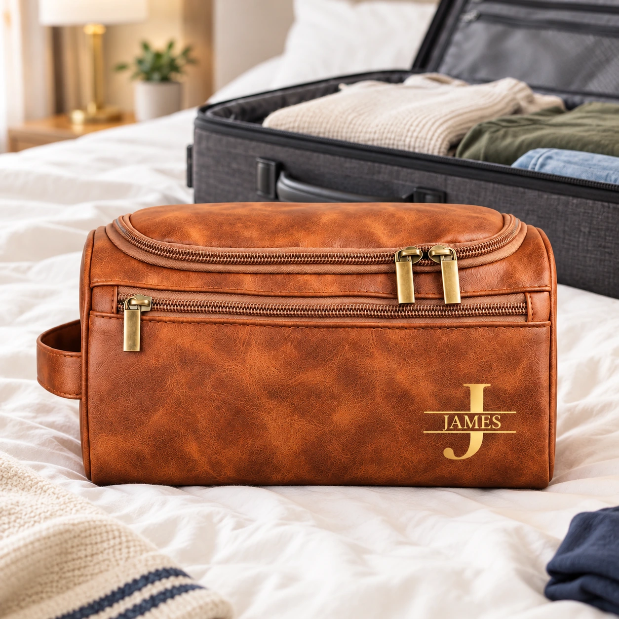 Cognac monogram toiletry bag with JAMES while packing for a trip