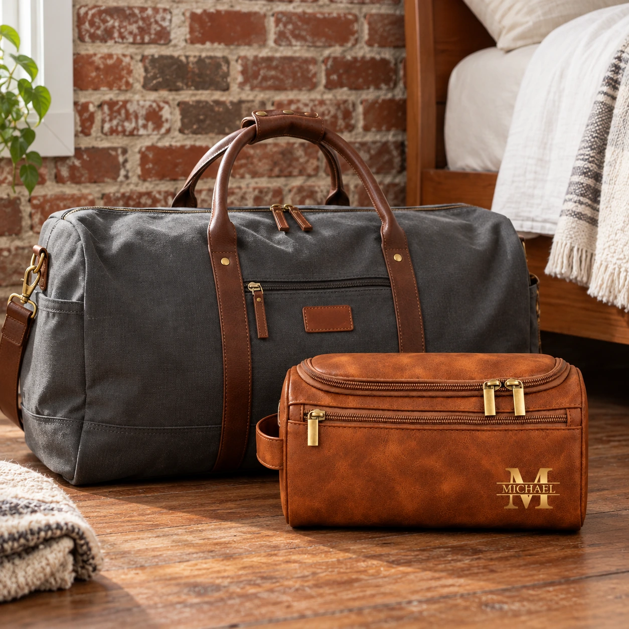 Warm cognac MICHAEL monogram toiletry bag beside a travel weekender