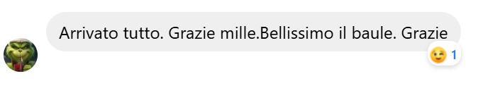 Arrivato tutto. Grazie mille.Bellissimo il baule. Grazie