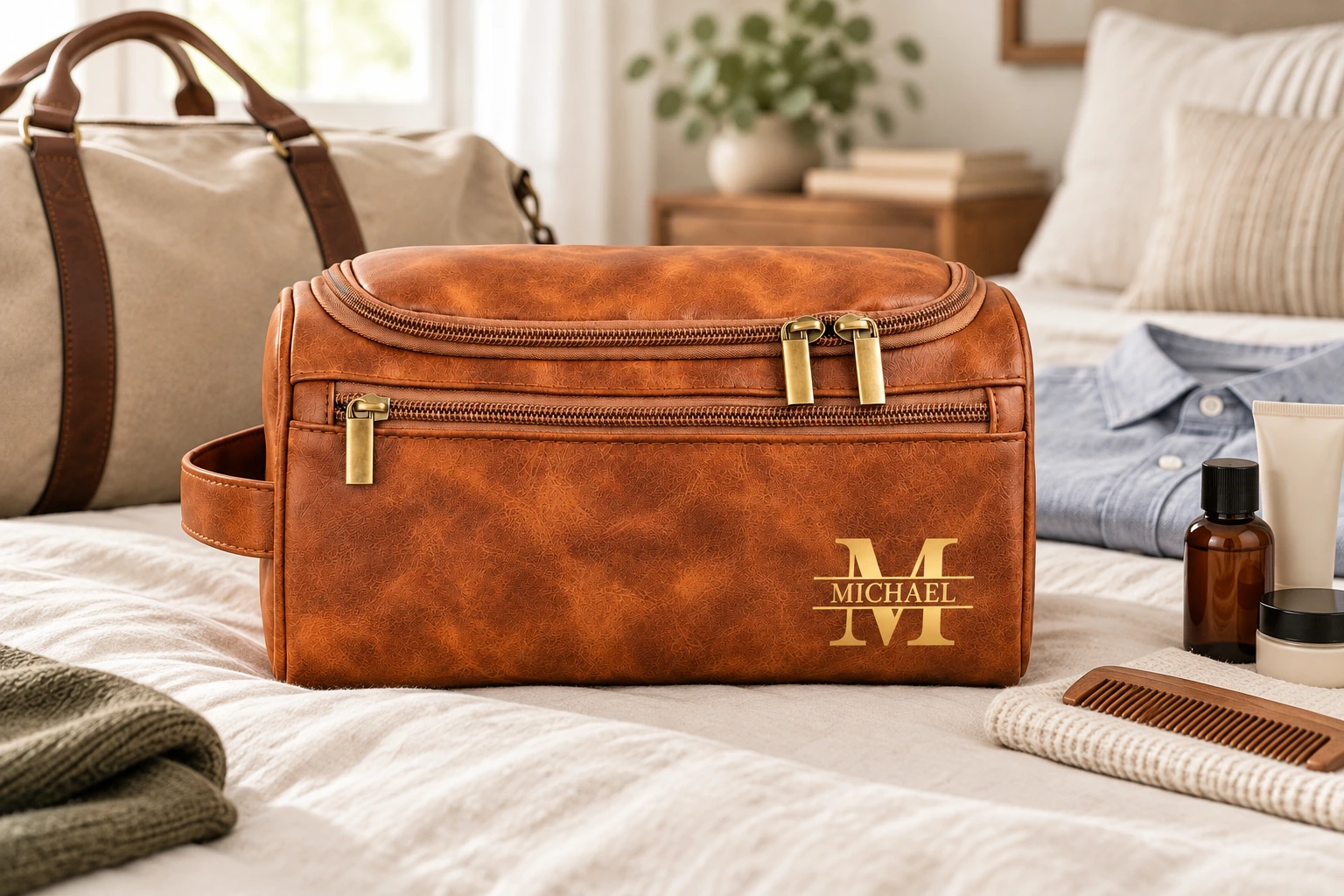 Cognac monogram toiletry bag with MICHAEL and travel essentials