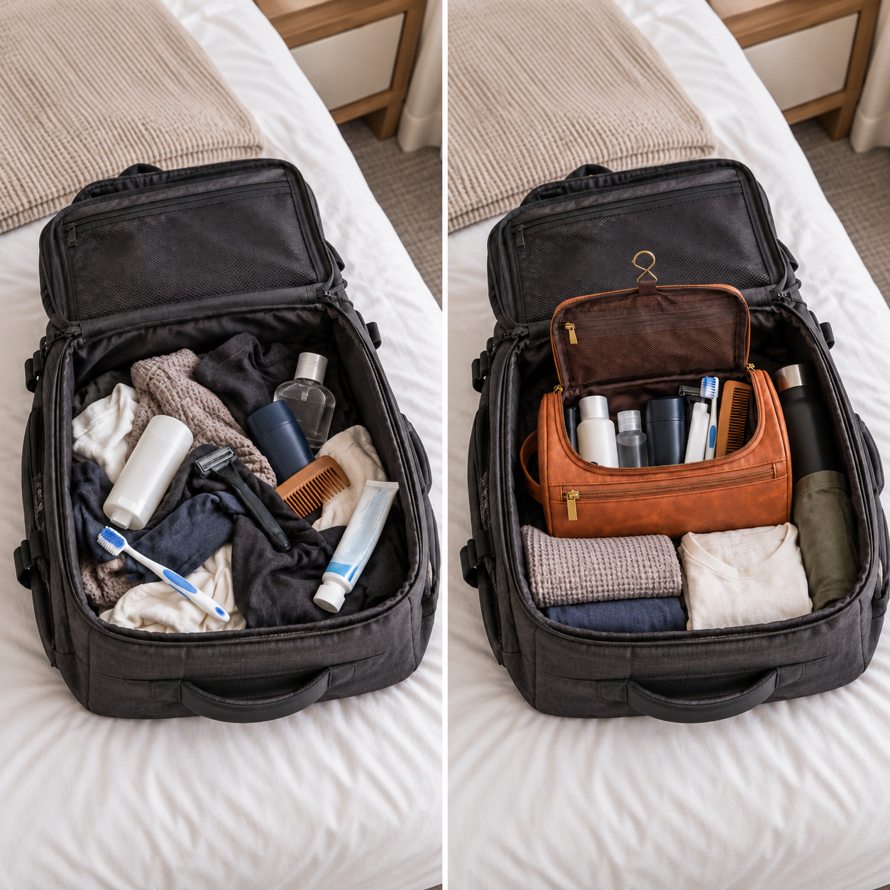 Toiletries in a backpack: loose and organised in the cognac toiletry bag