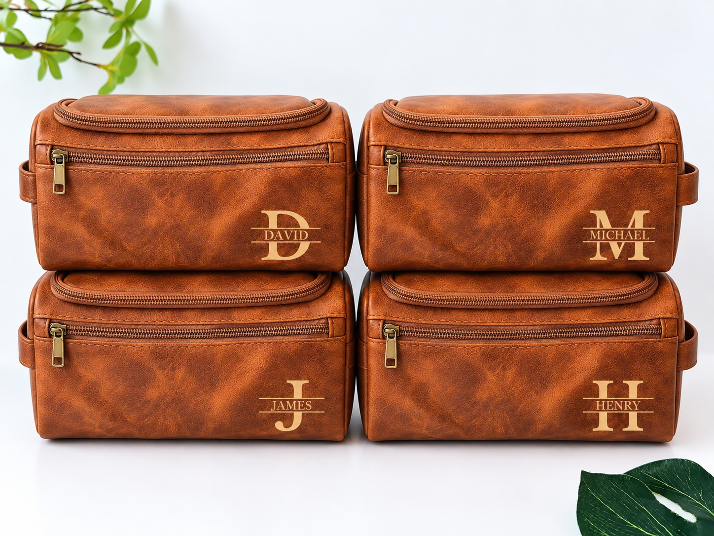 Cognac personalised toiletry bag with example monograms