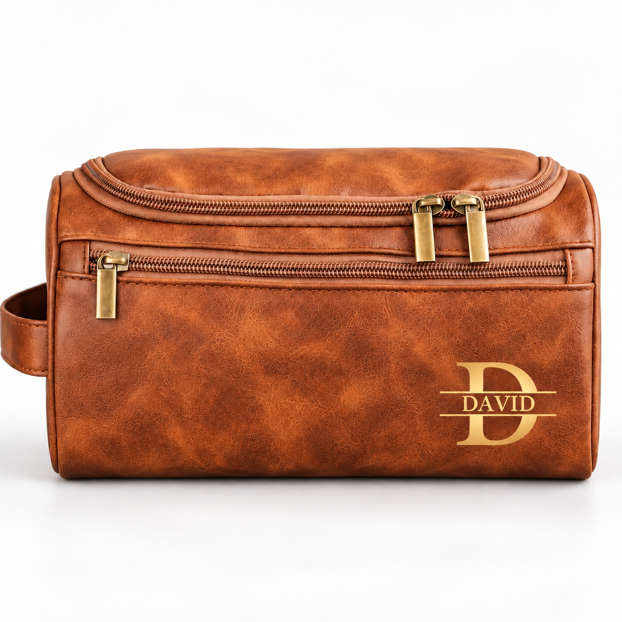 Personalised cognac toiletry bag with gold D and DAVID monogram